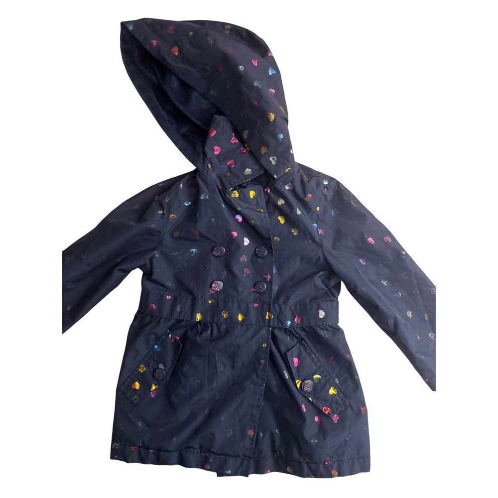 London Fog Kids Girls 3T Navy Blue Rainbow Heart Hooded Raincoat Jacket
